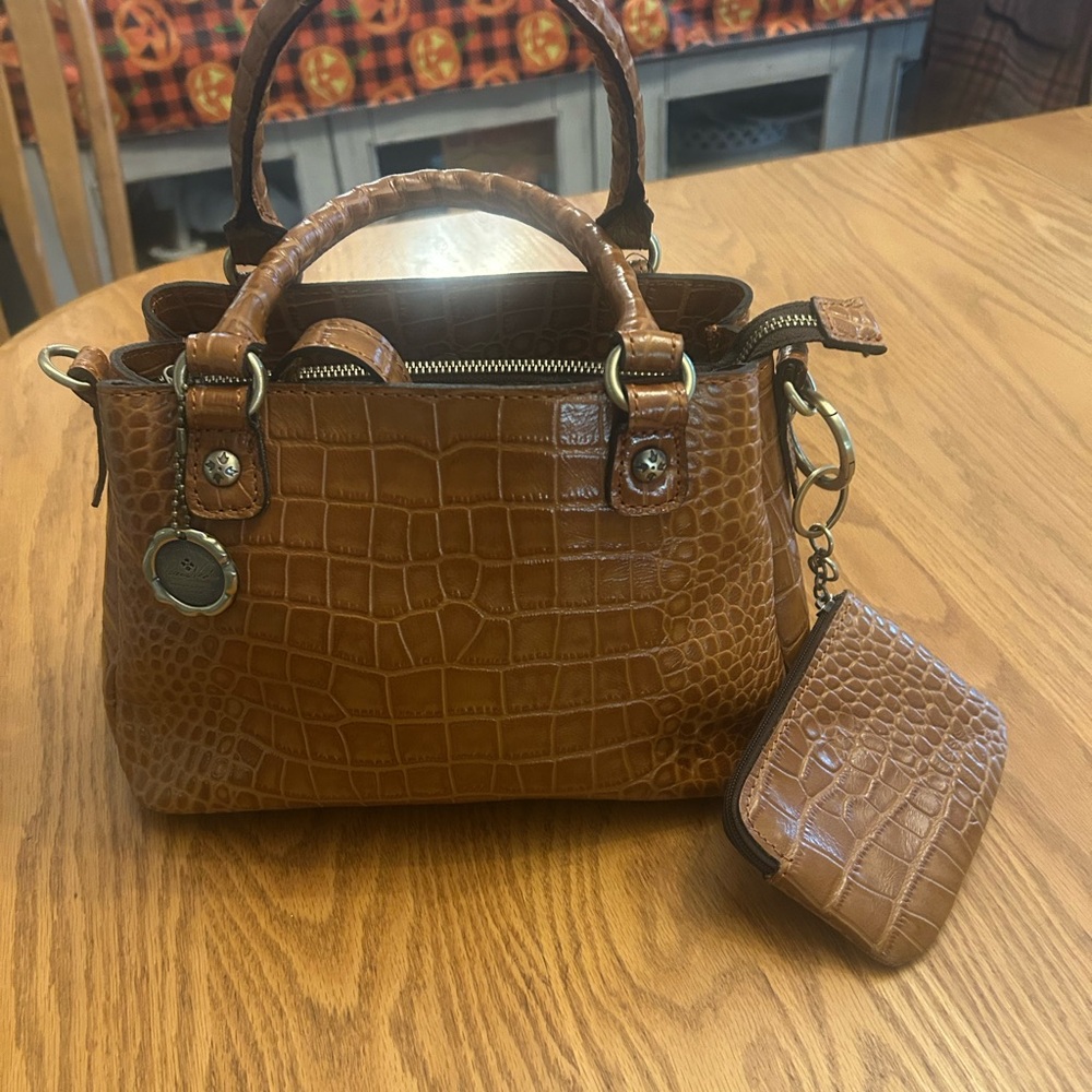Patricia Nash Tan Croc-Embossed Satchel with Coin Pouch